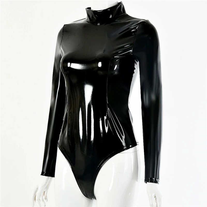 Womens Faux Latex PVC Mirror P - огляд і ціна Turtleneck Bodysuit Office